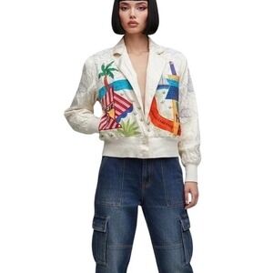 Marc D'Alcy Vintage Silk Beaded Bomber Jacket Tropical Maximalist Art To Wear S